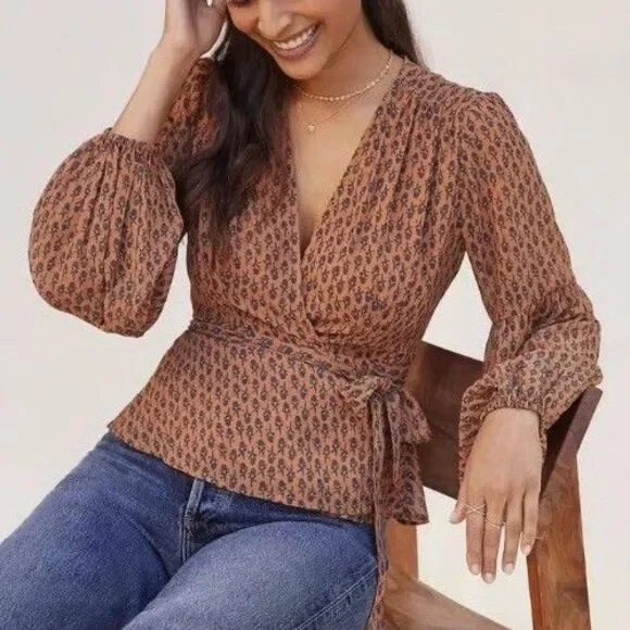 Anthropologie PORRIDGE Puff Long Sleeve Wrap Blouse Size Small Brown Floral - Picture 1 of 8